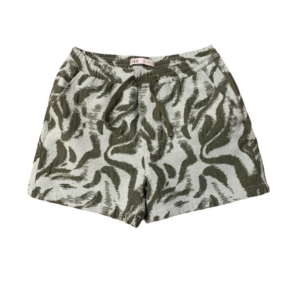 Zara Men's L Abstract Wavy Print Shorts Sage Green Drawstring Pockets Beachwear